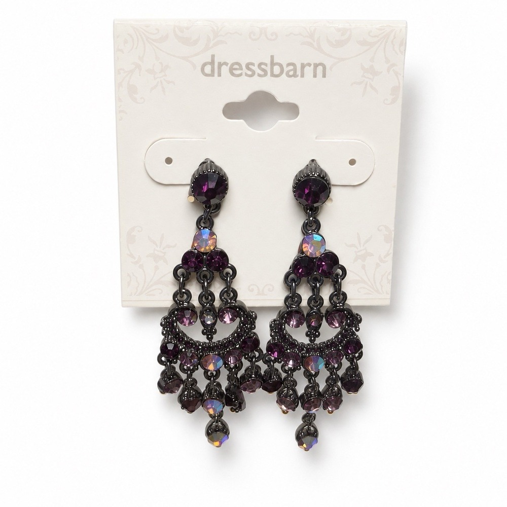 Dressbarn Purple Rhinestone Chandelier Drop Earrings Gunmetal Tone NWT